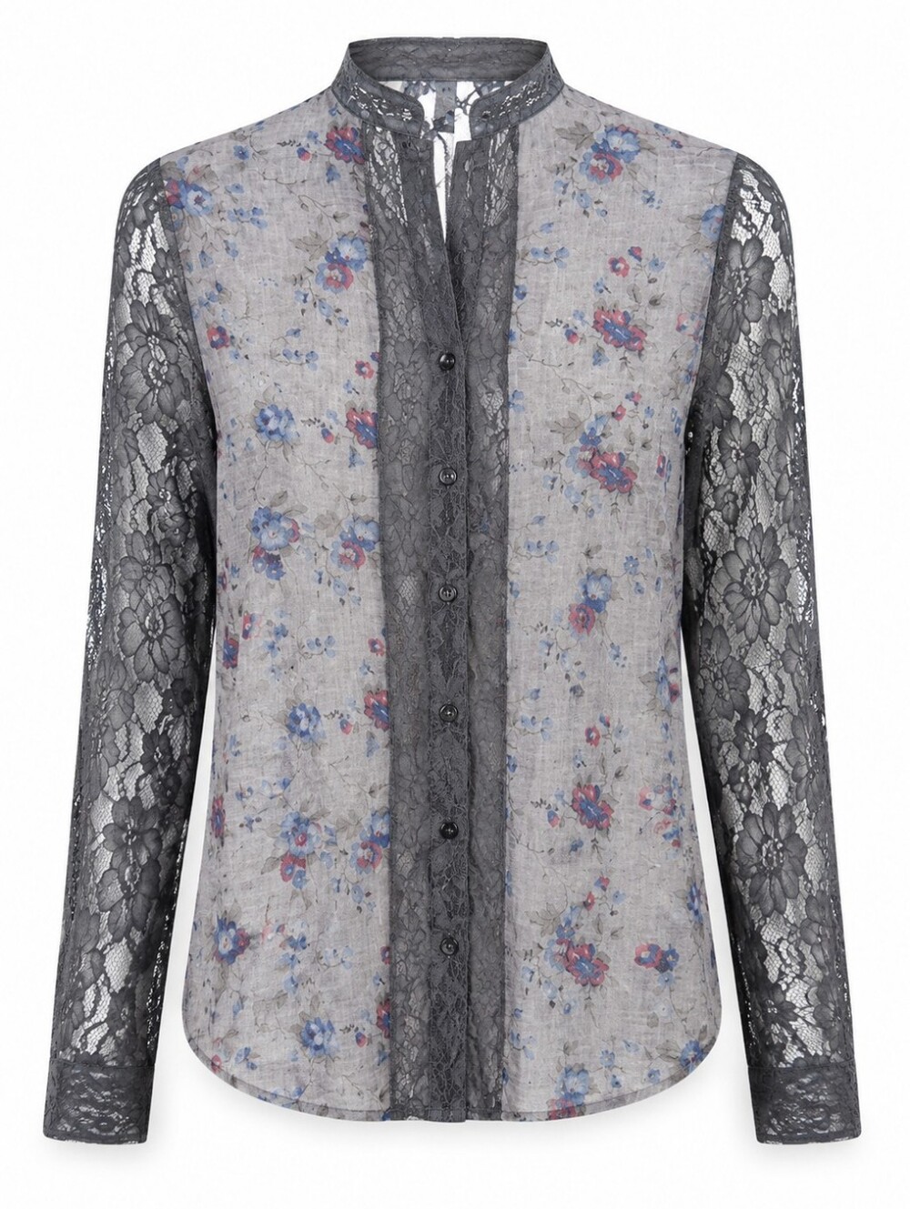 Romantic Boho Floral Lace Blouse Sheer Sleeves Mandarin Collar BKE Size S